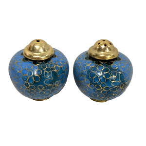 Vintage Brass & Blue Enamel Salt & Pepper Shakers Set Cloisonné Style Roly Poly